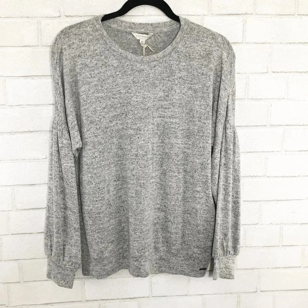 Lucky Brand Gray Knit Pullover Top Bubble Sleeves
